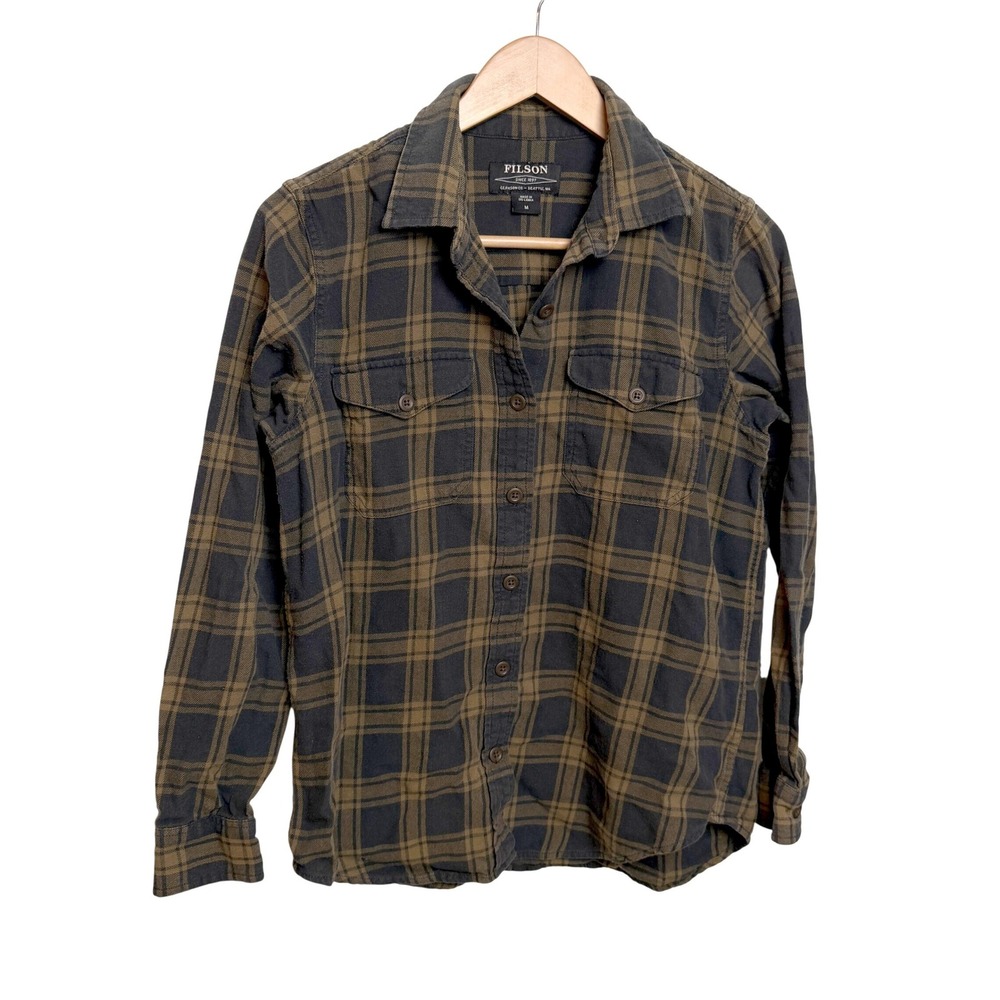 Filson Mens Flannel‎ Shirt M Plaid Black Dark Olive Green Outdoor Gorp
